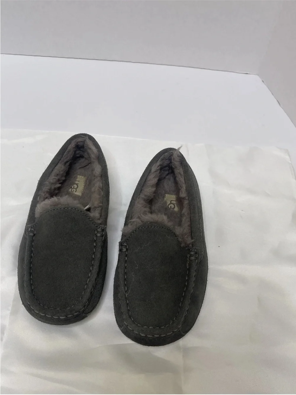 UGG Ansley Youth Slippers Sz 1 Gray Suede Shearling Slip On Cozy Comfort